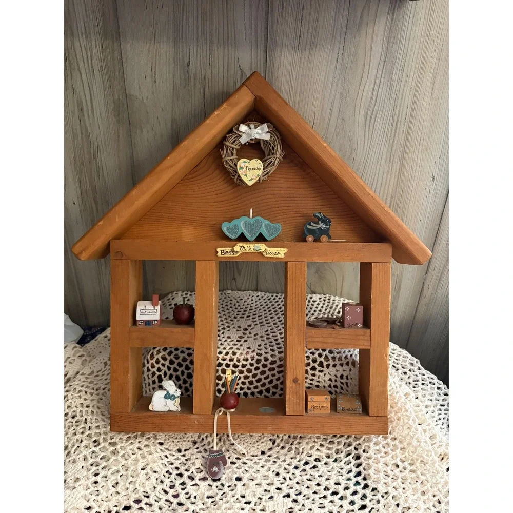 Vintage Wooden House Shadow Box Wall Shelf Country Farmhouse Decor Miniatures